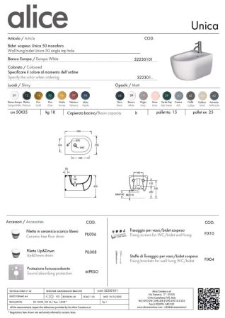 Alice Unica 50, подвесное биде c крепежом fix10, 50x35 см, цвет белый глянцевый, артикул 32230101