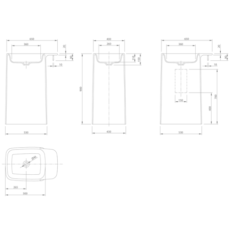 KNIEF Pride Раковина отдельностоящая 67х43х90 см, выход в пол. цвет белый матовый, артикул 0600-071-01