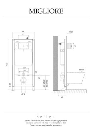 BETTER POL Сист. инсталляции h1150x500хР180 мм. для подв. WC (крепление - пол, без кнопки), артикул 20457