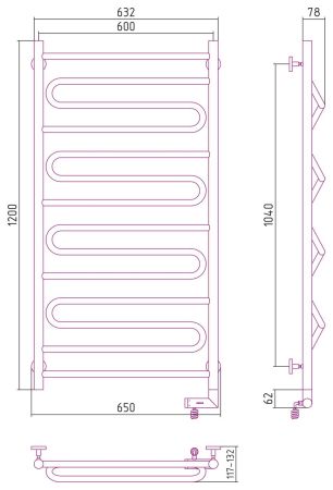 Полотенцесушитель электрический "ЭЛЕГИЯ 2.0" 1200х600 / МЭМ правый (Матовый черный), артикул 31-5219-1260
