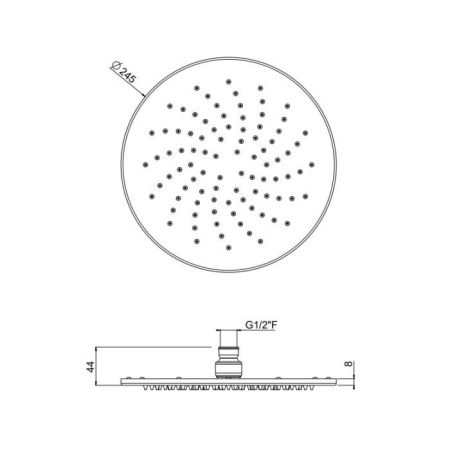 Верхний душ, Carimali, OttoMillimetri, инспектируемый, ультратонкий, тип установки-настенный, потолочный, размер душевого диска, мм-250*250, форма-круглая, количество режимов-1, держатель-необходимо заказать, цвет-хром, артикул 8MM0002CRX