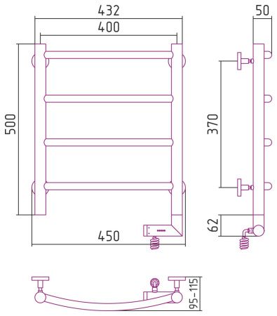 Полотенцесушитель электрический "ГАЛАНТ 2.0" 500х400 / МЭМ правый (Матовый Чёрный)