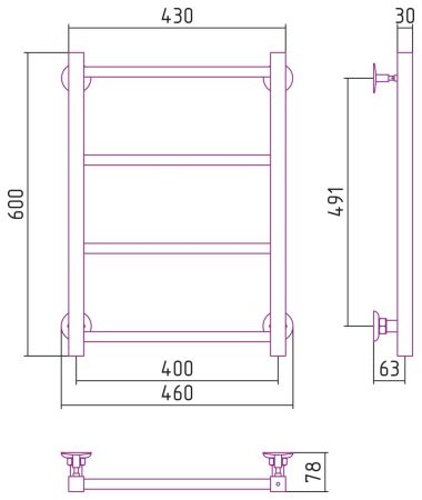 Полотенцесушитель водяной СТИЛЬЕ "Версия-КН" 600х400 (4) П 20х20 (Чёрный), артикул 17640-6040