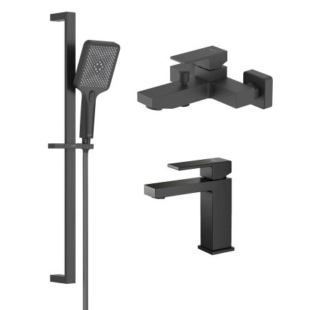 AQ1610MB ЛИБРА смеситель для раковины 114, без донного клапана, матовый черный + AQ1640MB ЛИБРА смеситель для ванны, матовый черный + AQ2019MB ЛИБРА душевой гарнитур 3jet 68 см, матовый черный, артикул AQ1630MB