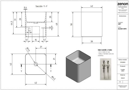 Zenon Aris, подвесная раковина квадратной формы, 42х42хh50 см, цвет белый матовый, артикул 4000.000.000.000.39673