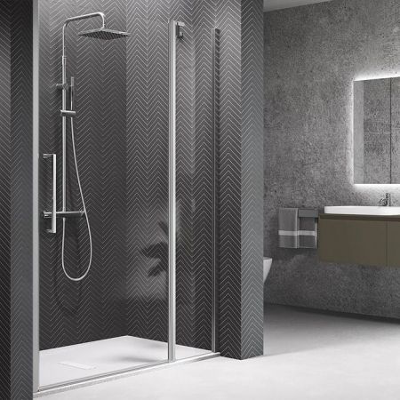 NOVELLINI YOUNG Дверь для душа с неподвижным сегментом 1170-1210х2000 мм., распашная, одностворчатая, реверсивная, профиль хром, стекло прозрачное, артикул Y22P117-1K