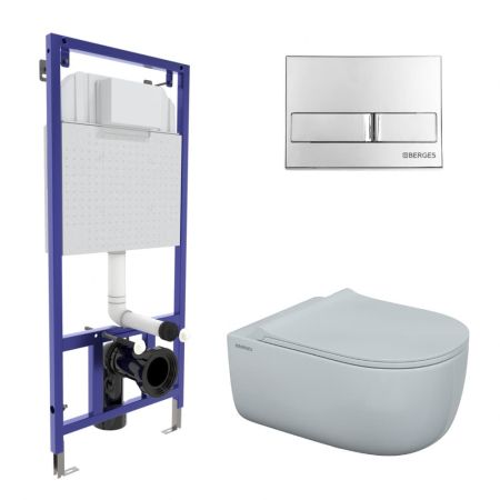 Комплект BERGES для монтажа  подвесного унитаза: инсталляция NOVUM525, кнопка L3 хром глянец, унитаз EGO XL Rimless, сидение дюропласт Toma Slim SO, микролифт, быстросьем, артикул 043203