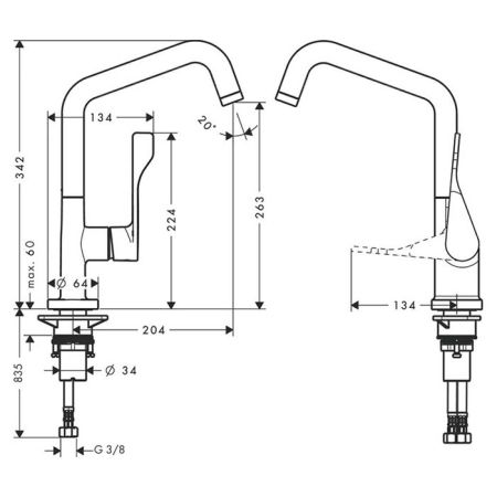 AX Citterio Смеситель для кухни, однорычажный, на 1 отв, излив 204мм, цвет: хром, артикул 39850000