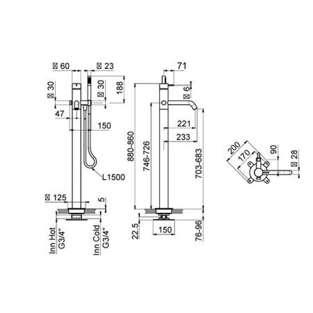Смеситель для ванны и душа, Carimali, IlTondo, тип открывания воды-однорычажный, тип регулирования воды-керамический картридж, монтаж-напольный, отверстия для монтажа-1, вынос излива, мм-221, ручной душ Stick-в комплекте, автоматический дивертор с останов, артикул 0-ITD7301EST-CR