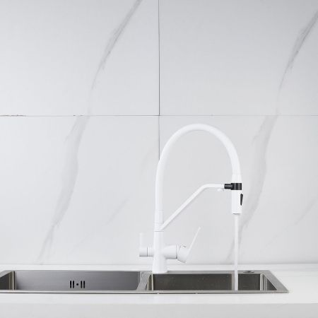 Смеситель для кухни с гибким изливом и подключением фильтра Shevanik S278C, белый, артикул S278C