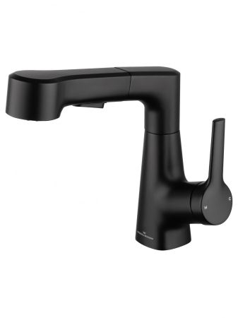 Смеситель для раковины с выдвижным изливом WONZON & WOGHAND, Черный матовый (WW-121B108-MB), артикул WW-121B108-MB