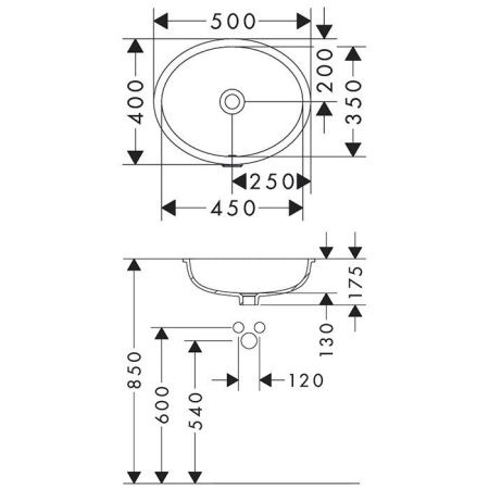Раковина, Hansgrohe, Xuniva D, ширина, мм-450, глубина, мм-350, высота, мм-180, тип установки-встраиваемый, отверстия для смесителя-отсутствуют, с переливом, материал-керамика, крепления в комплекте, цвет-белый