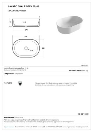 Olympia Open, накладная овальная раковина 60x40xh17 см, с донным клапаном, цвет белый глянцевый, артикул OPE42OV60001
