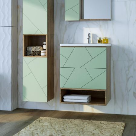 Тумба с раковиной и нишей Бриклаер КРИСТАЛЛ 60F, фисташковый/дуб гранж песочный, артикул КРИСТАЛЛ 60F