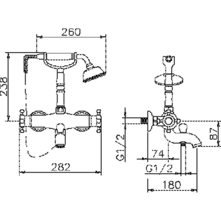 HUBER Victorian Смеситель термостатический настенный для ванны/душа с ручной лейкой,держателем и шлангом, цвет хром