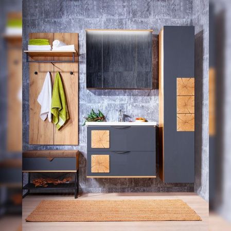 Зеркальный шкаф Бриклаер Форест 80 с подсветкой Антрацит со вставкой Пенёк, артикул 4627125414718