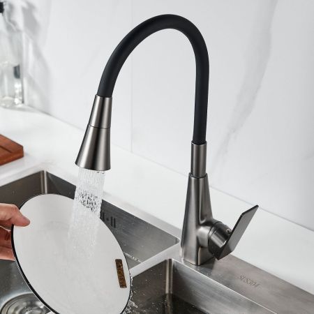 Смеситель для кухни с гибким изливом Shevanik S543T-3, оружейная сталь/черный