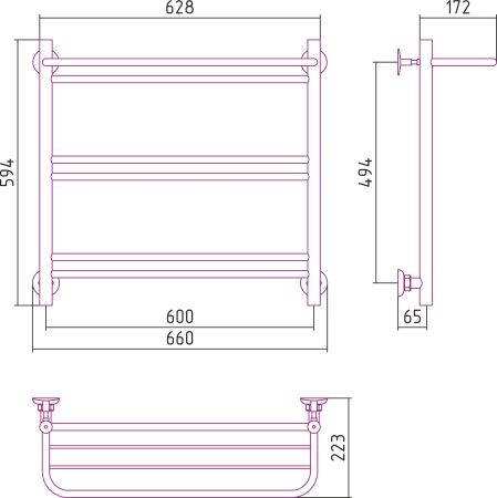 Полотенцесушитель водяной СТИЛЬЕ "Версия-Н1" 600х600 (Полка+1+2+2) П 16 (Чёрный)