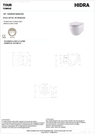 Hidra Tour, подвесной безободковый унитаз c крепежом, 52x35,5 см, цвет белый глянцевый, артикул TUWR30/001