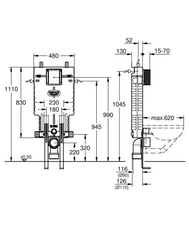 Инсталляционный комплект для унитаза GROHE Uniset для обмуровки, с напольным креплением (38642001)
