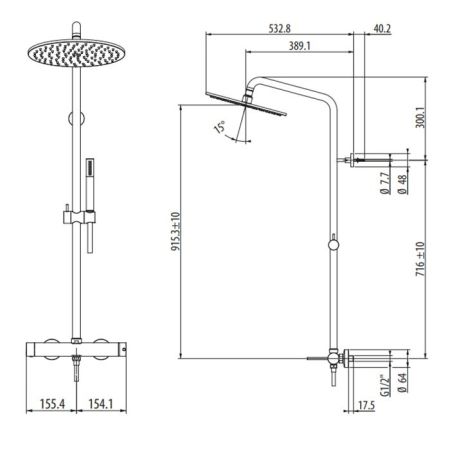 GATTONI CIRCLE TWO Комплект для душа: монокомандный смеситель, душевая стойка, душевая лейка 250мм, ручной душ, цвет хро (см. полный аналог 9195/PDC0)