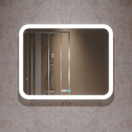 Зеркало LED VLM-2A100-2W  1000x800 c сенсорным выключателем и диммером, часы+антизапотевание, артикул VLM-2A100-2W