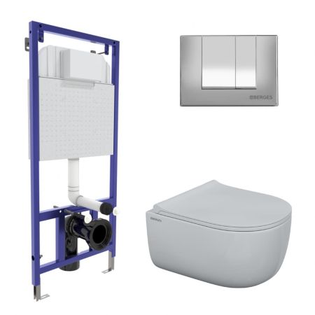 Комплект BERGES для монтажа  подвесного унитаза: инсталляция NOVUM525, кнопка S3 хром глянец, унитаз EGO Rimless, сидение дюропласт  Toma Slim SO, микролифт, быстросьем, артикул 047243