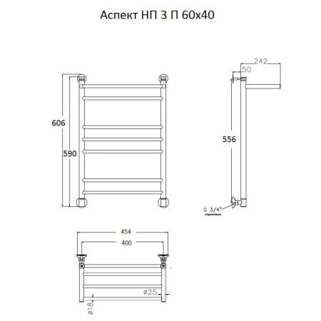 Водяной полотенцесушитель Тругор Аспект 3 П НП 60x40 с полкой Хром, артикул Аспект3/нп6040П