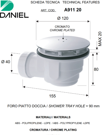 Daniel Docce Сифон для д/поддона со сливным отверстием диам. 90 мм, бронза