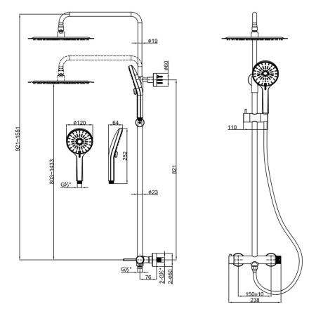 Смеситель Lemark Beluga для душа с регулируемой высотой штанги и лейкой верхнего душа «Тропический дождь» (LMF-8025B-BRLG), артикул LMF-8025B-BRLG