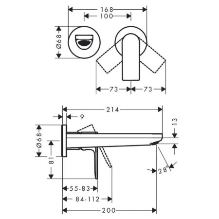 Смеситель для раковины, Hansgrohe, Rebris E, тип открывания воды-однорычажный, тип регулирования воды-керамический картридж, монтаж-настенный встраиваемый, отверстия для монтажа-2, вынос излива, мм-200, внутренняя часть-необходимо заказать, цвет-хром, артикул 72568000