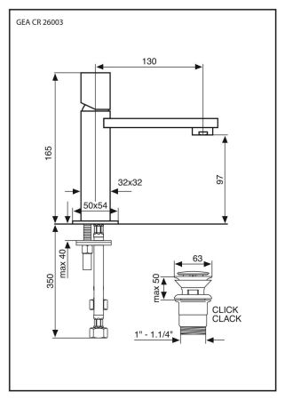 Смеситель Gea с донным клапаном "click-clack" для раковины. Без рычага, цвет хром, артикул 26003CR