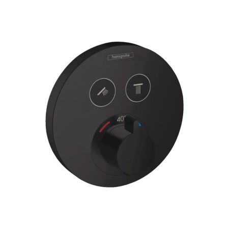 Смеситель для душа, Hansgrohe, ShowerSelect S, тип открывания воды-нажимной (кнопки), тип регулирования воды-термостатический картридж, тип установки-настенный встраиваемый, внутренняя часть-необходимо заказать, цвет-черный матовый, артикул 15743670