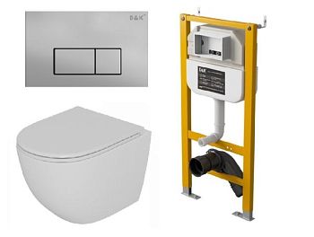 Комплект D&K Унитаз подвесной безободковый DT1396016, Инсталляция DI8050127, Клавиша смыва DB1499002, матовый хром (DS1391626)