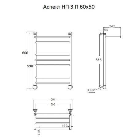Водяной полотенцесушитель Тругор Аспект 3 П НП 60x50 с полкой Хром, артикул Аспект3/нп6050П