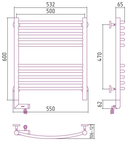 Полотенцесушитель электрический "БОГЕМА 2.0" 600х500 / МЭМ левый (Без покрытия), артикул 00-5202-6050