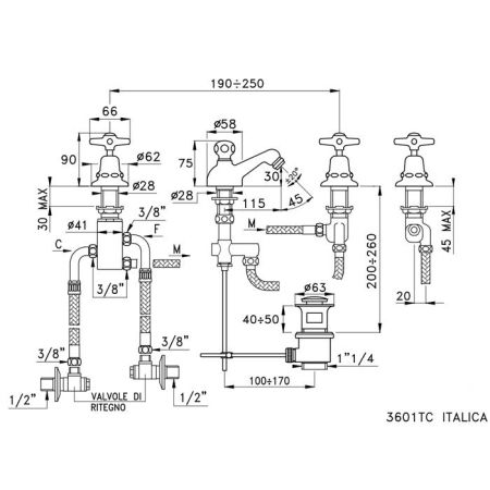 Stella Italica Смеситель для биде на 3 отверстия 3601TC, с донным клапаном, цвет: хром
