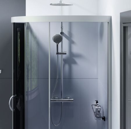 Комплект душевого уголка AM.PM Bliss L 90x90 WK53CC профиль матовый Хром стекло тонированное с душевой системой и аксессуаром, артикул WK53CC