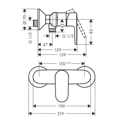 Смеситель для душа, Hansgrohe, Vernis Blend, тип открывания воды-рычажный, тип регулирования воды-керамический картридж, тип установки-настенный, отверстия для монтажа-2, материал ручки-металл, цвет ручки-в цвет смесителя, цвет-хром