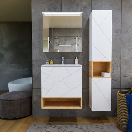 Тумба с раковиной и нишей Бриклаер КРИСТАЛЛ 70B, белый/дуб бунратти, артикул КРИСТАЛЛ 70B