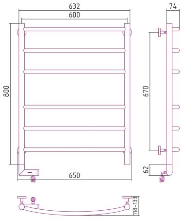 Полотенцесушитель электрический "ГАЛАНТ 2.0" 800х600 / МЭМ левый (Матовый Чёрный), артикул 31-5200-8060