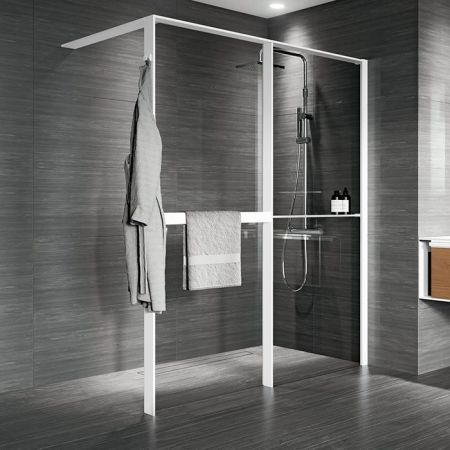NOVELLINI KUADRA HWZ2 Душевое ограждение 1740-1770х2000 мм., с свободным входом, правое, с полотенцедержателем и полкой, стекло прозрачн, проф бел мат