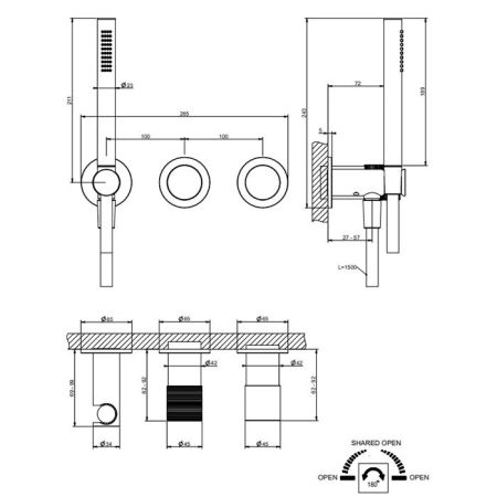 GESSI HABITO TRAME Смеситель настенный встраиваемый, однорычажный, с переключателем на 2 положения, с ручным душем, настенным держателем, цвет хром, артикул 70338#031