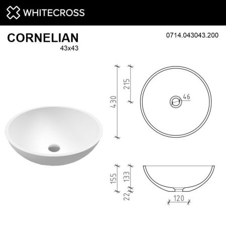 Умывальник WHITECROSS Cornelian D=43 (белый мат) иск. камень, артикул 0714.043043.200