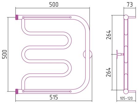 Полотенцесушитель "СТИЛЬЕ" ТАНДЕМ 2П 500х500 резьба-сгон 1" (Без покрытия), артикул 00016-5050
