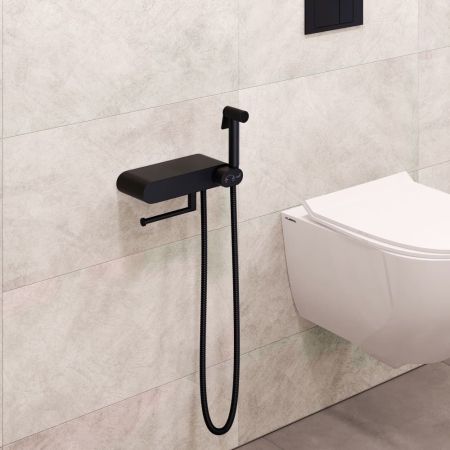 Смеситель с полочкой и держателем туалетной бумаги, с гигиеническим душем - RGW SP-222B, черный, артикул 581408222-04