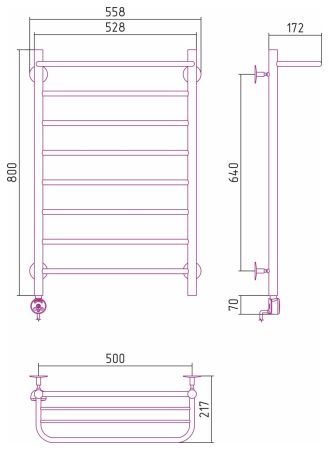 Электрический полотенцесушитель СТИЛЬЕ "Формат 20 ТЛ" 800х500 (Полка + 7) П16 (Без покрытия)