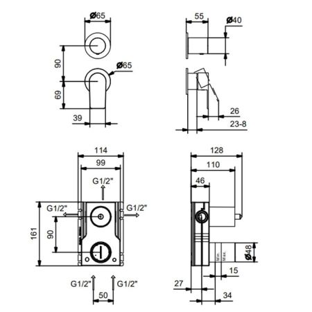 Смеситель для душа, Fantini, Myo, монтаж-вертикальный встраиваемый (настенный), в комплекте-ручки, переключатель на 3 потока с поворотной кнопкой, впуски 1/2'', цвет-черный матовый, артикул 61 13 V689B
