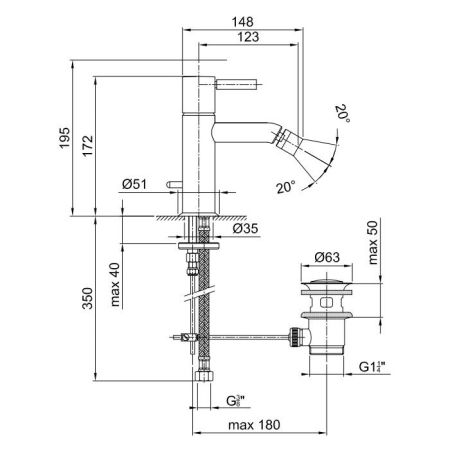 Fantini Nostromo Смеситель для биде, 1 отв., с донным клапаном, цвет: хром, артикул 50 02 E808F