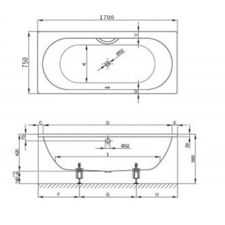 Ванна, Bette, BetteStarlet, ширина, мм-1700, глубина, мм-750, высота, мм-420, водоизмещение (л)-122, тип установки-встраиваемый, форма-прямоугольная, слив-перелив-необходимо заказать, диаметр слива, мм-52, ножки-необходимо заказать, материал-сталь, вид гр